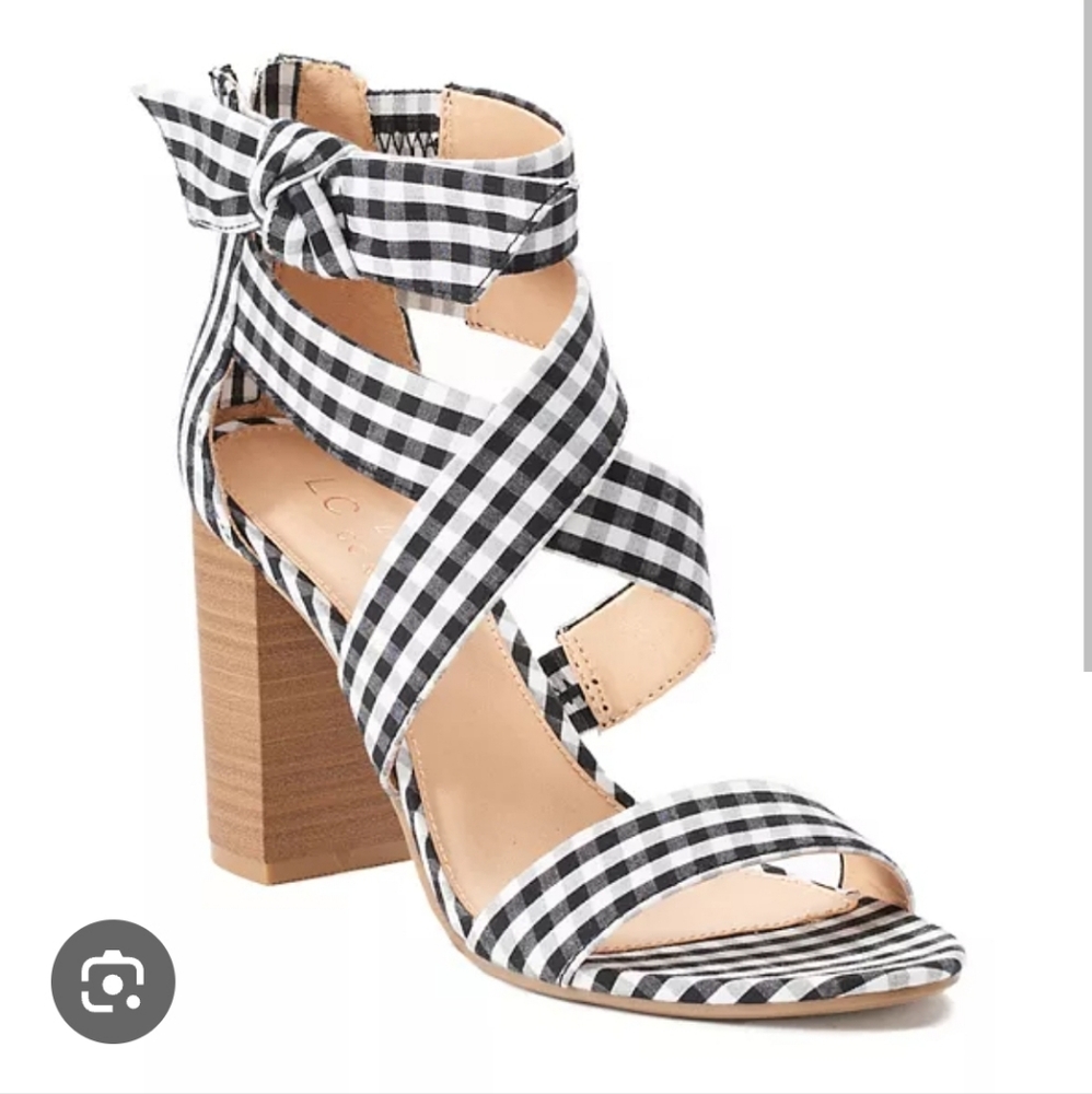 LC Conrad Women's Black and White Checkered Block Heel Sandals With Shoe Box 9.5